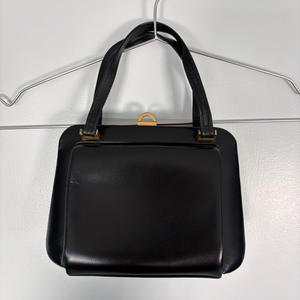 Beruele Womens Handbag Small Black Vintage Leather‎ Made in France Gold Hardware